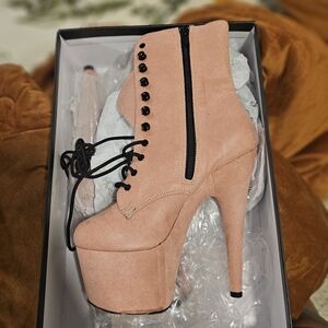Pleaser Pink Heel Boots with Platform and Lace-Up Design Micro Suede